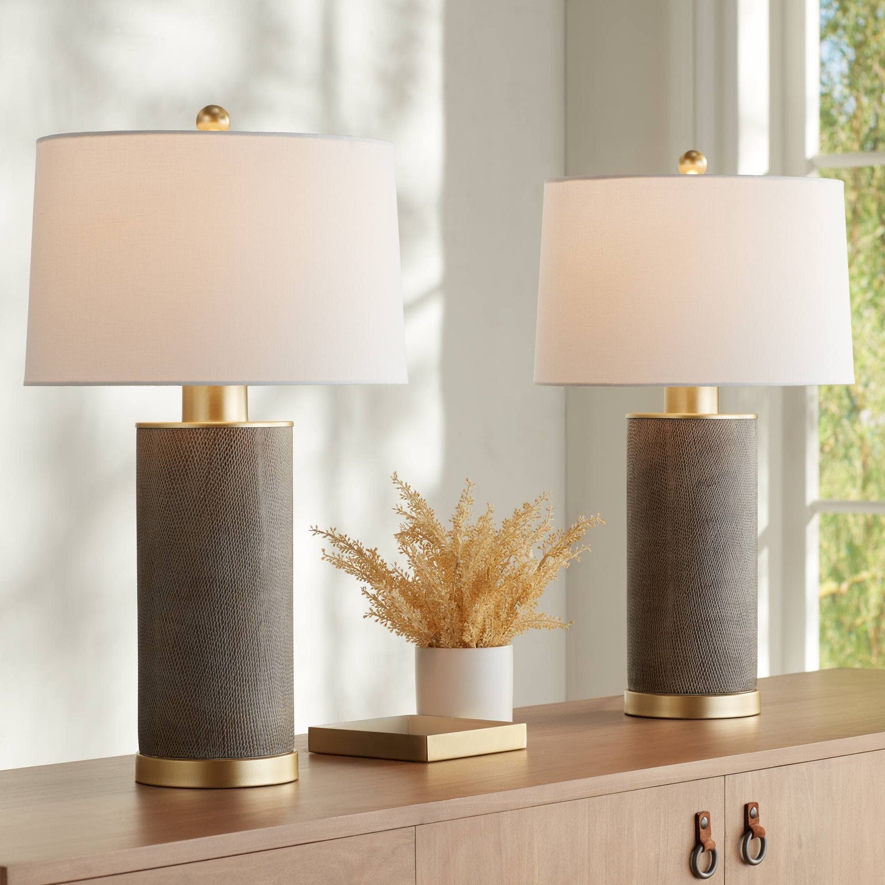360 Lighting Gilson 24 3/4" High Modern Glam Luxe Table Lamps Set of 2 Gold Textured Gray Finish Ceramic White Shade Living Room Bedroom Bedside