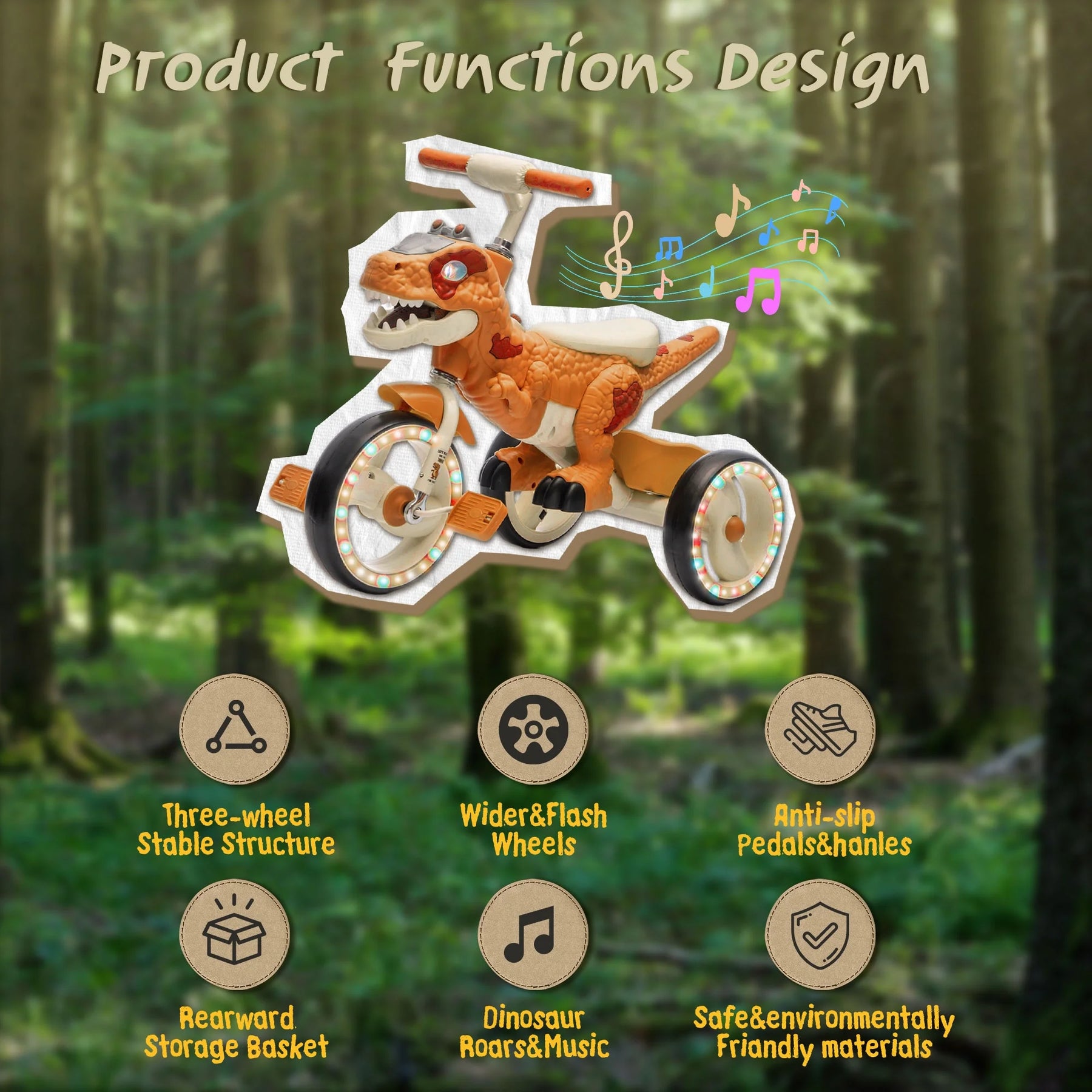 Xuanlur Kids Ride on Dinosaur Tricycle, Toddlers Kid Trike with Wide Flash Wheels, Anti - Slip Pedals, Rear Basket, Music & LED Lights, Toddler Bike Toys Gift for 3 - 6 Year Old Boys & Girls (Green)