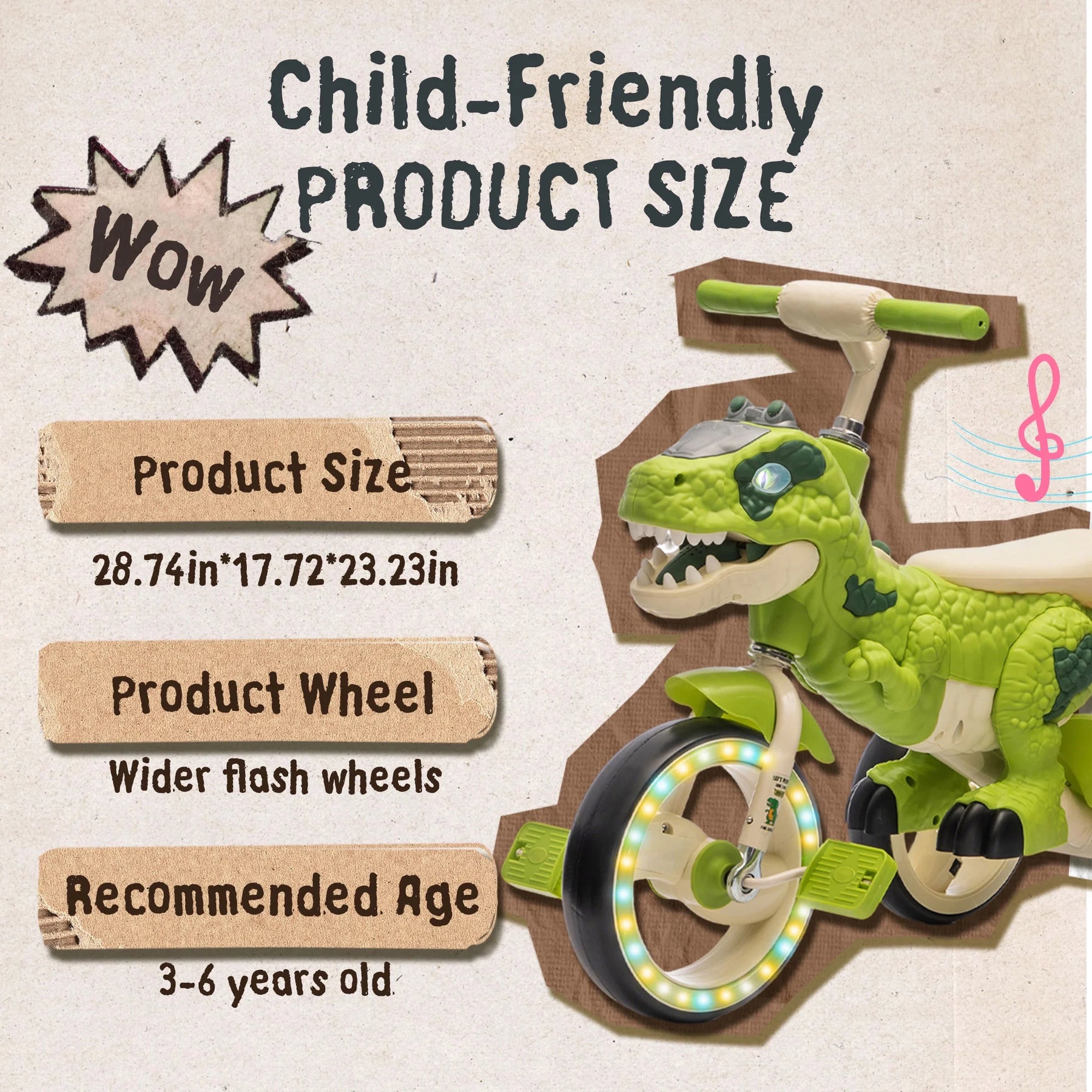 Xuanlur Kids Ride on Dinosaur Tricycle, Toddlers Kid Trike with Wide Flash Wheels, Anti - Slip Pedals, Rear Basket, Music & LED Lights, Toddler Bike Toys Gift for 3 - 6 Year Old Boys & Girls (Green)