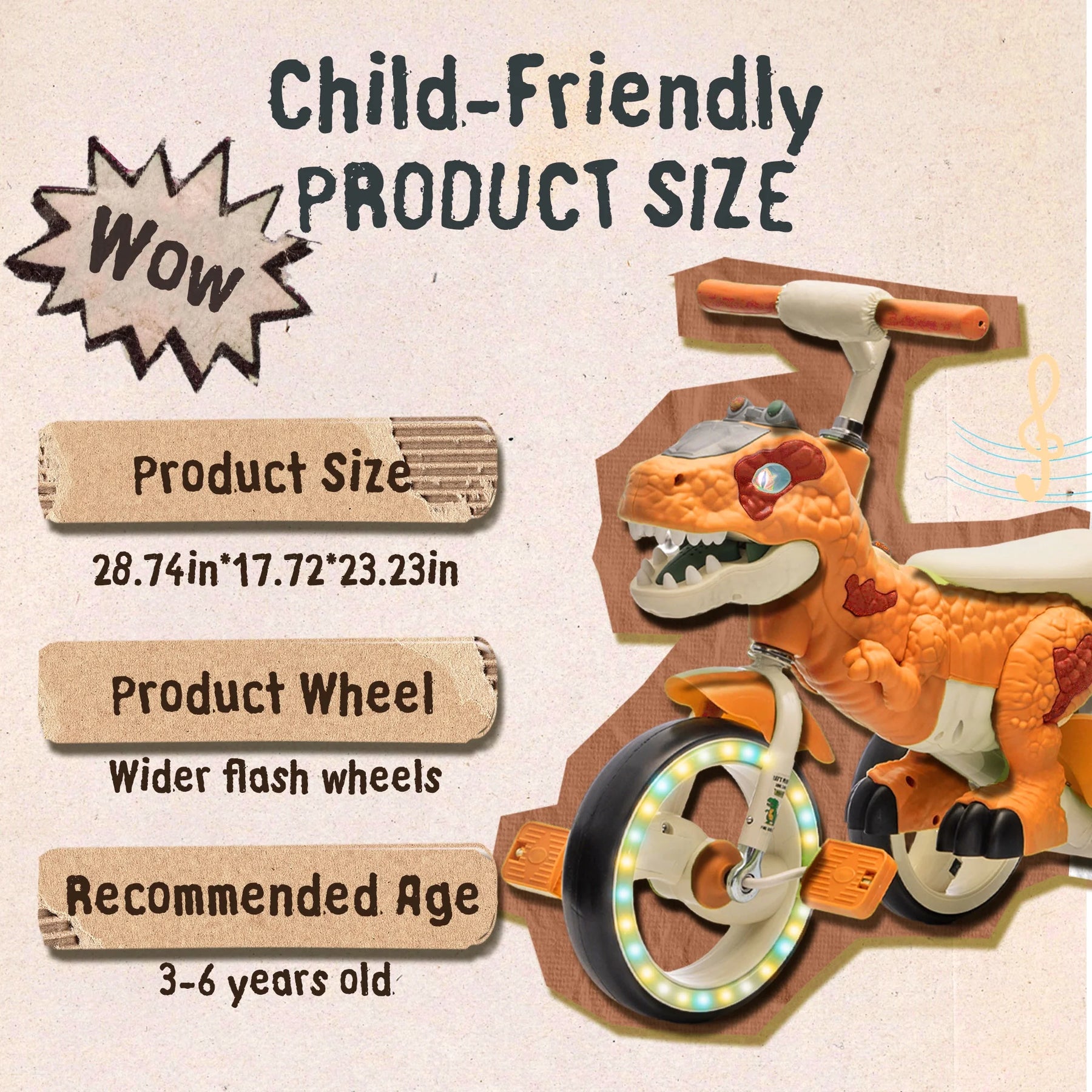 Xuanlur Kids Ride on Dinosaur Tricycle, Toddlers Kid Trike with Wide Flash Wheels, Anti - Slip Pedals, Rear Basket, Music & LED Lights, Toddler Bike Toys Gift for 3 - 6 Year Old Boys & Girls (Green)