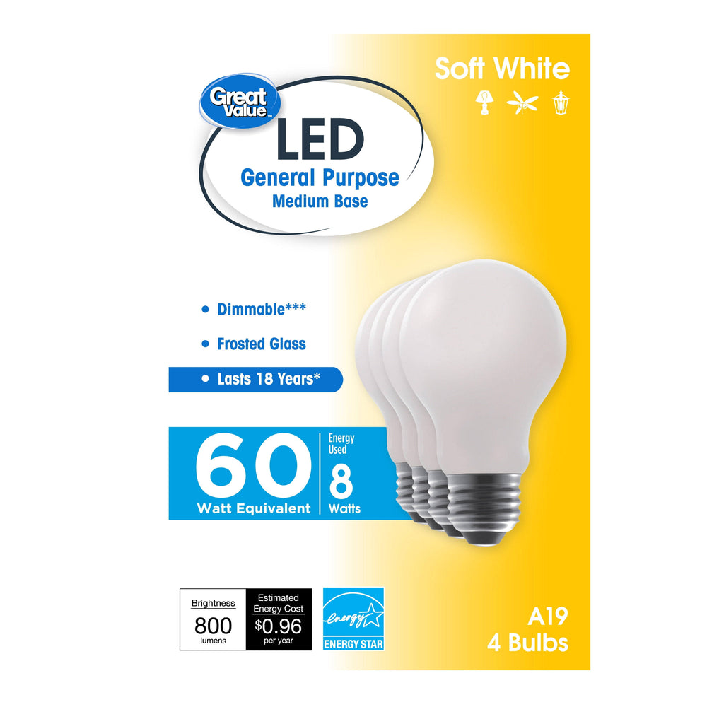 Great Value 60 Watt LED A19 Bulbs, Soft White - 4 Each 41676