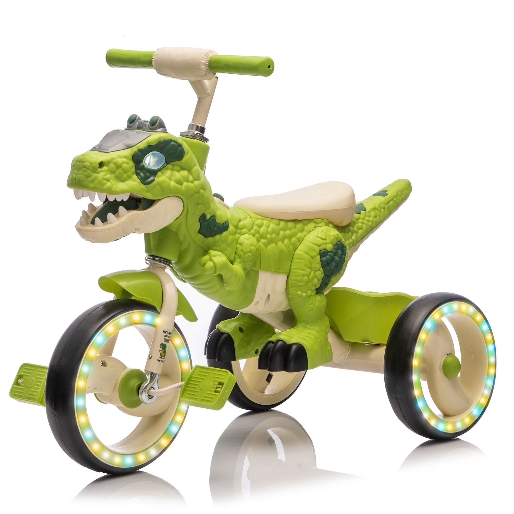Xuanlur Kids Ride on Dinosaur Tricycle, Toddlers Kid Trike with Wide Flash Wheels, Anti - Slip Pedals, Rear Basket, Music & LED Lights, Toddler Bike Toys Gift for 3 - 6 Year Old Boys & Girls (Green)